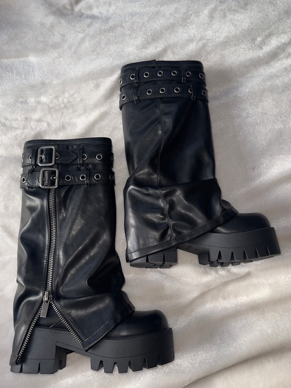 Dolls Kill Black Chunky Lug Mid-Calf Zip & Buckle Boots